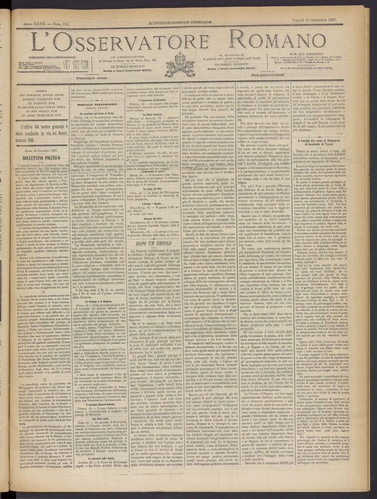 Miniatura de L´Osservattore Romano del 16 de septiembre de 1887, nº 210