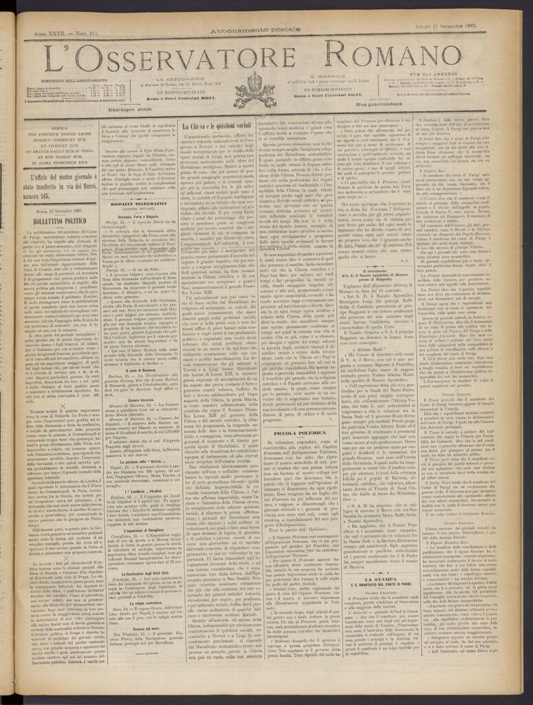 Miniatura de L´Osservattore Romano del 17 de septiembre de 1887, nº 211