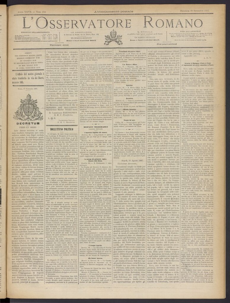 Miniatura de L´Osservattore Romano del 18 de septiembre de 1887, nº 212
