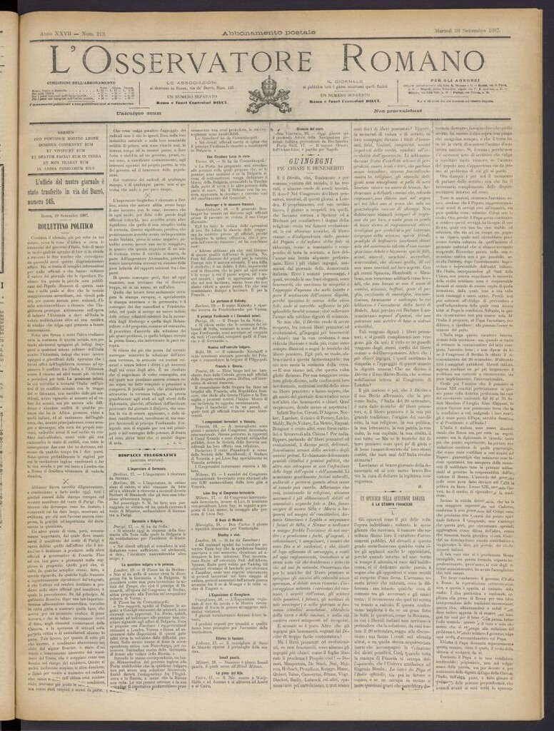 Miniatura de L´Osservattore Romano del 20 de septiembre de 1887, nº 213