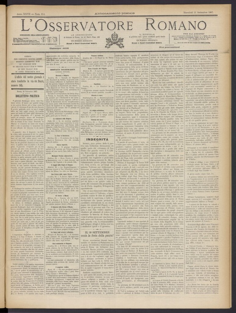 Miniatura de L´Osservattore Romano del 21 de septiembre de 1887, nº 214