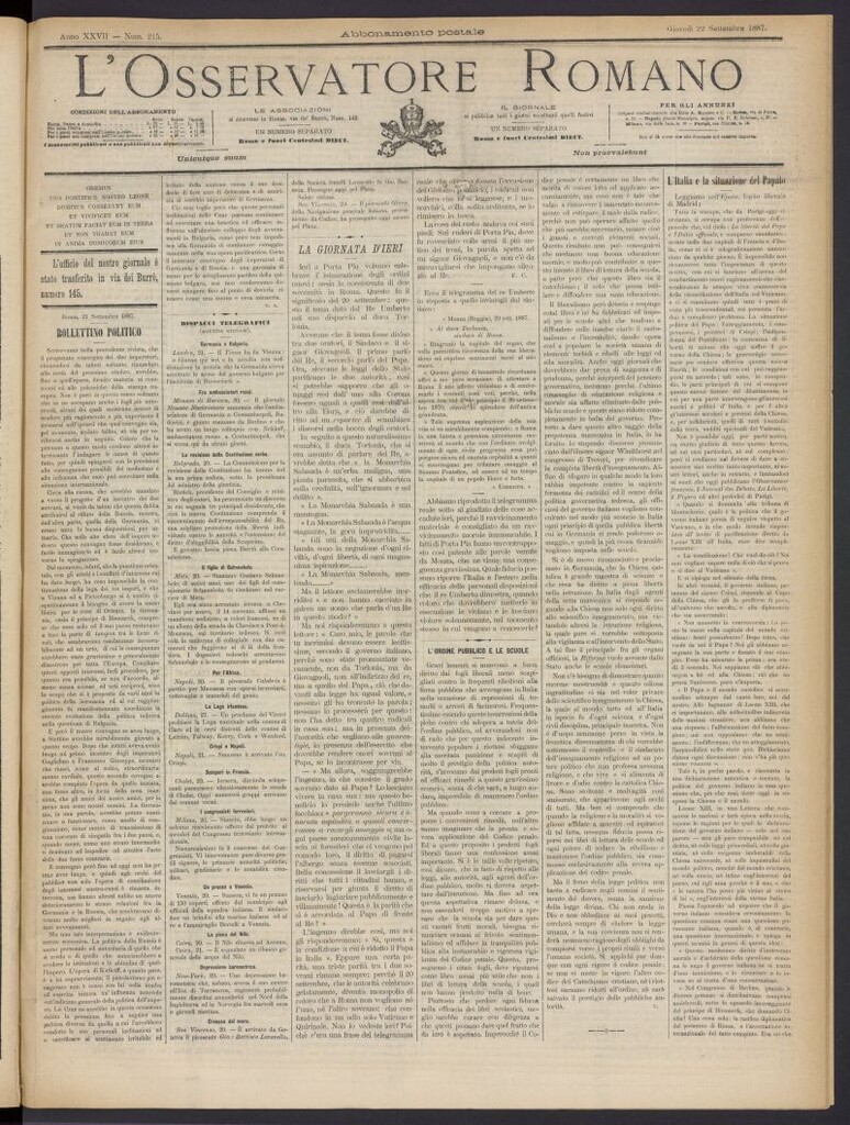 Miniatura de L´Osservattore Romano del 22 de septiembre de 1887, nº 215
