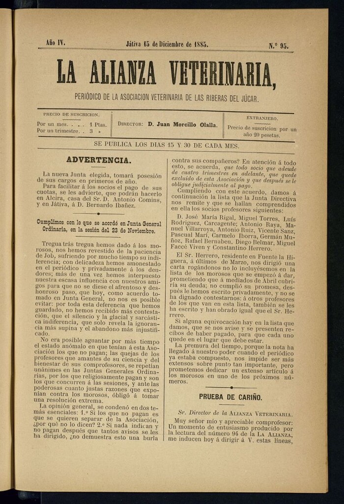 Miniatura de La alianza veterinaria, periódico de la Asociación veterinaria de las riberas del Júcar del 15 de diciembre de 1885