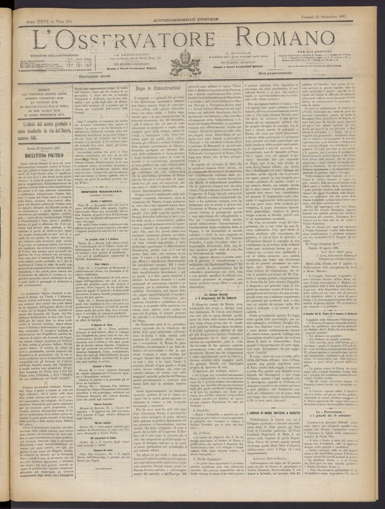 Miniatura de L´Osservattore Romano del 23 de septiembre de 1887, nº 216