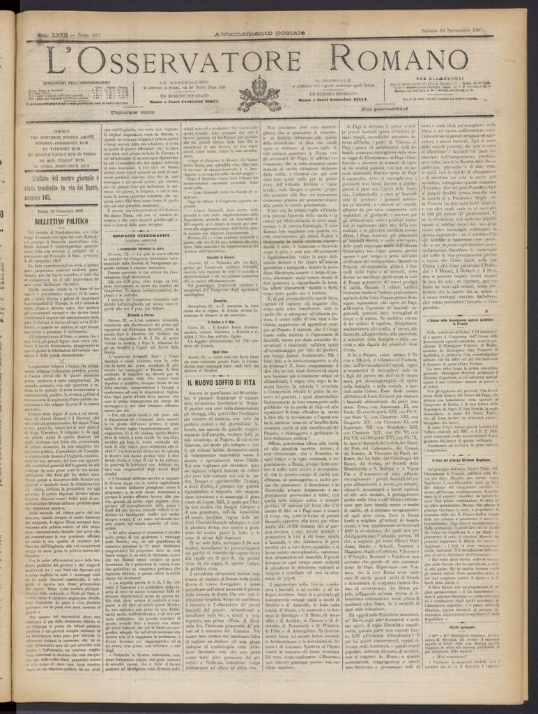 Miniatura de L´Osservattore Romano del 24 de septiembre de 1887, nº 217