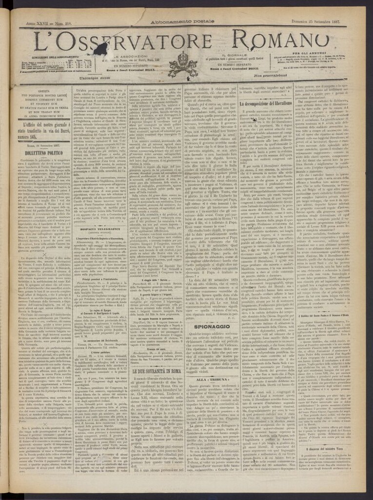 Miniatura de L´Osservattore Romano del 25 de septiembre de 1887, nº 218