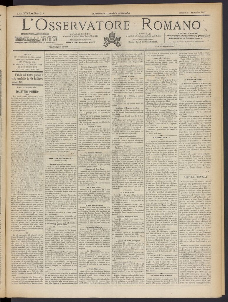 Miniatura de L´Osservattore Romano del 27 de septiembre de 1887, nº 219