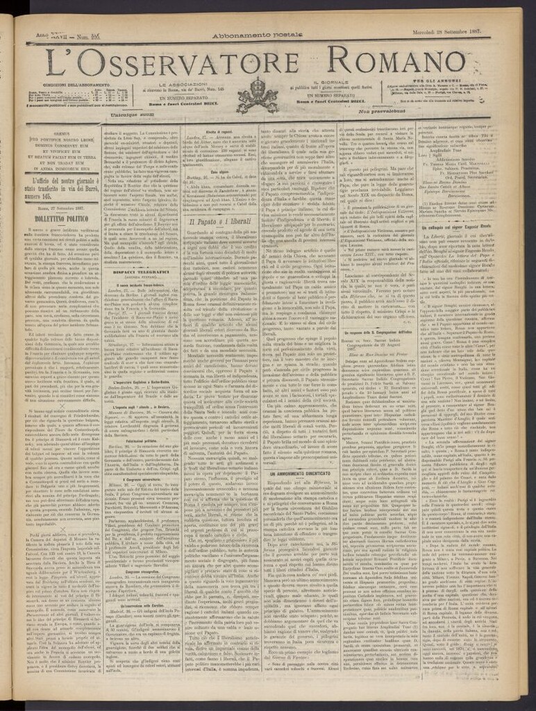 Miniatura de L´Osservattore Romano del 28 de septiembre de 1887, nº 220