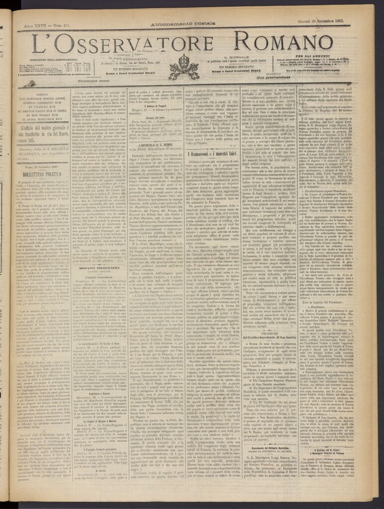 Miniatura de L´Osservattore Romano del 29 de septiembre de 1887, nº 221