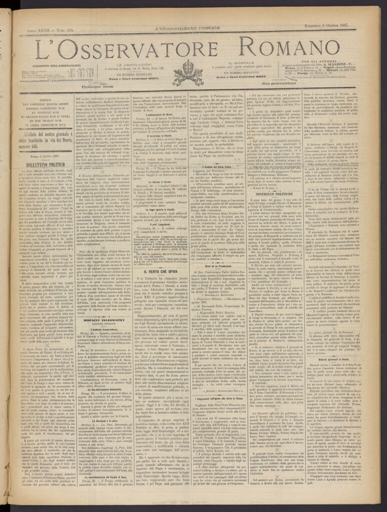 Miniatura de L´Osservattore Romano del 2 de octubre de 1887, nº 223