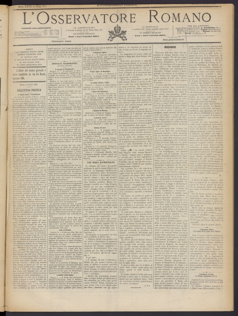 Miniatura de L´Osservattore Romano del 4 de octubre de 1887, nº 224