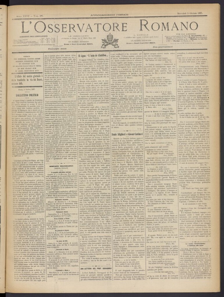 Miniatura de L´Osservattore Romano del 5 de octubre de 1887, nº 225