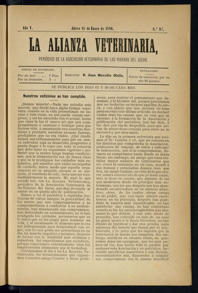 Miniatura de La alianza veterinaria, periódico de la Asociación veterinaria de las riberas del Júcar del 15 de enero de 1886