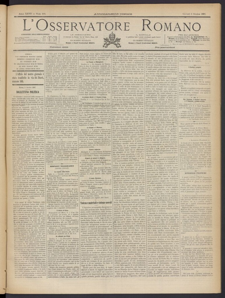 Miniatura de L´Osservattore Romano del 6 de octubre de 1887, nº 226