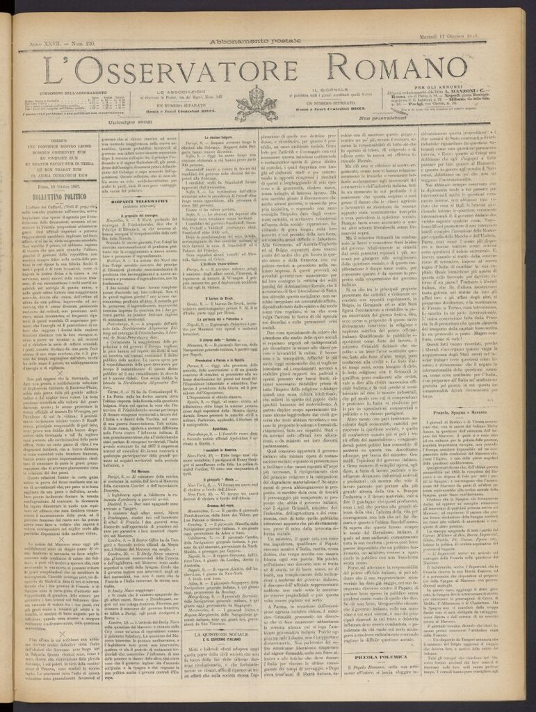 Miniatura de L´Osservattore Romano del 11 de octubre de 1887, nº 230