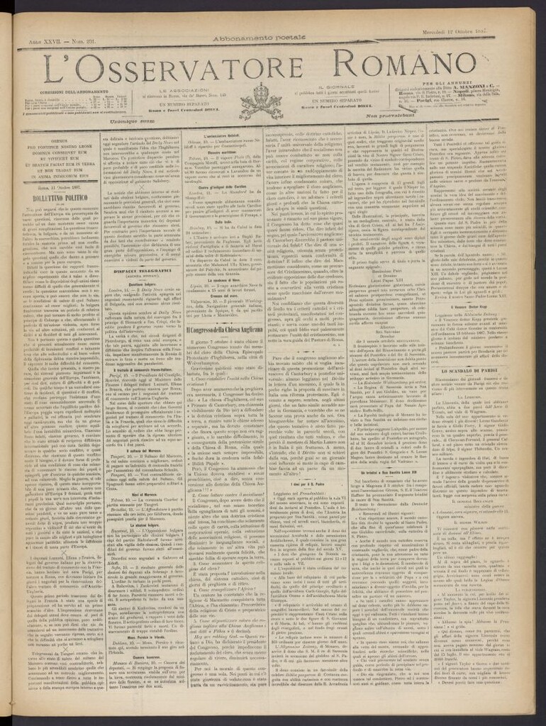 Miniatura de L´Osservattore Romano del 12 de octubre de 1887, nº 231