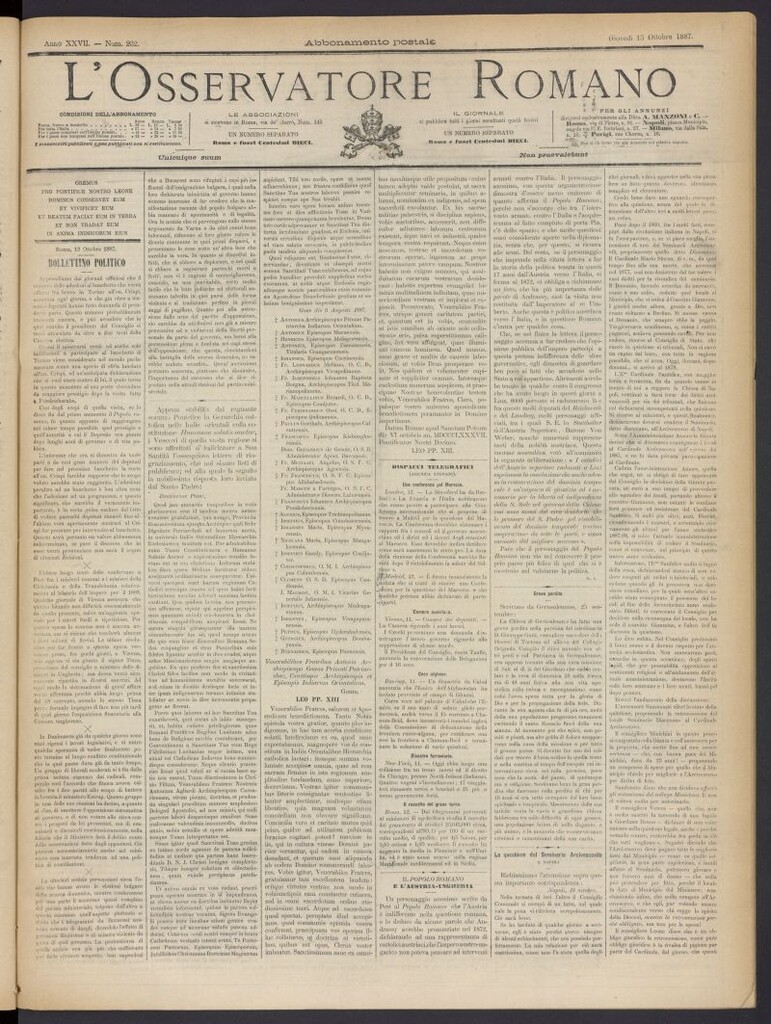 Miniatura de L´Osservattore Romano del 13 de octubre de 1887, nº 232