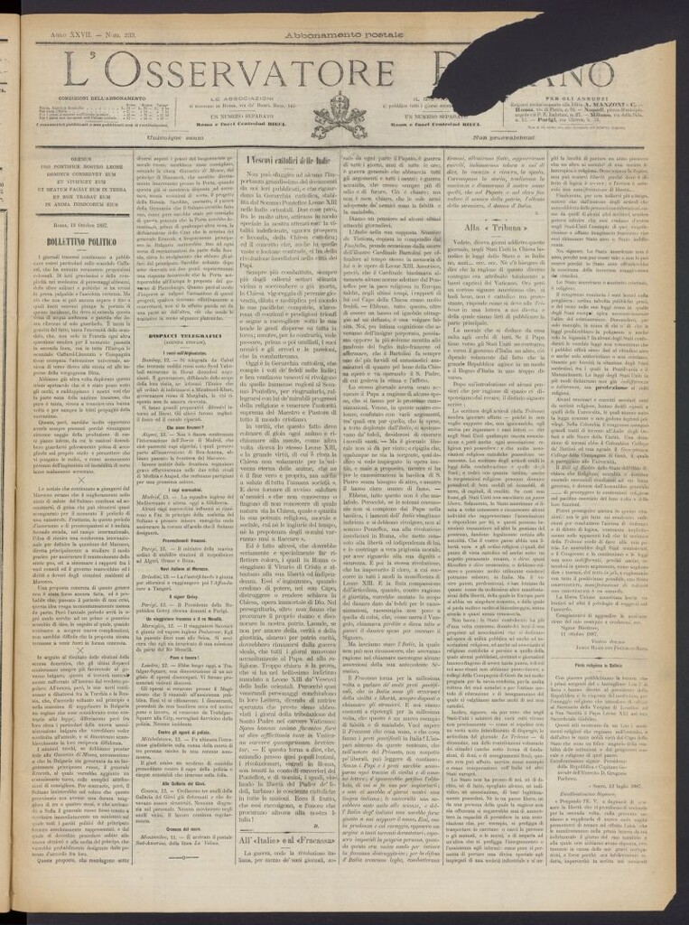 Miniatura de L´Osservattore Romano del 14 de octubre de 1887, nº 233