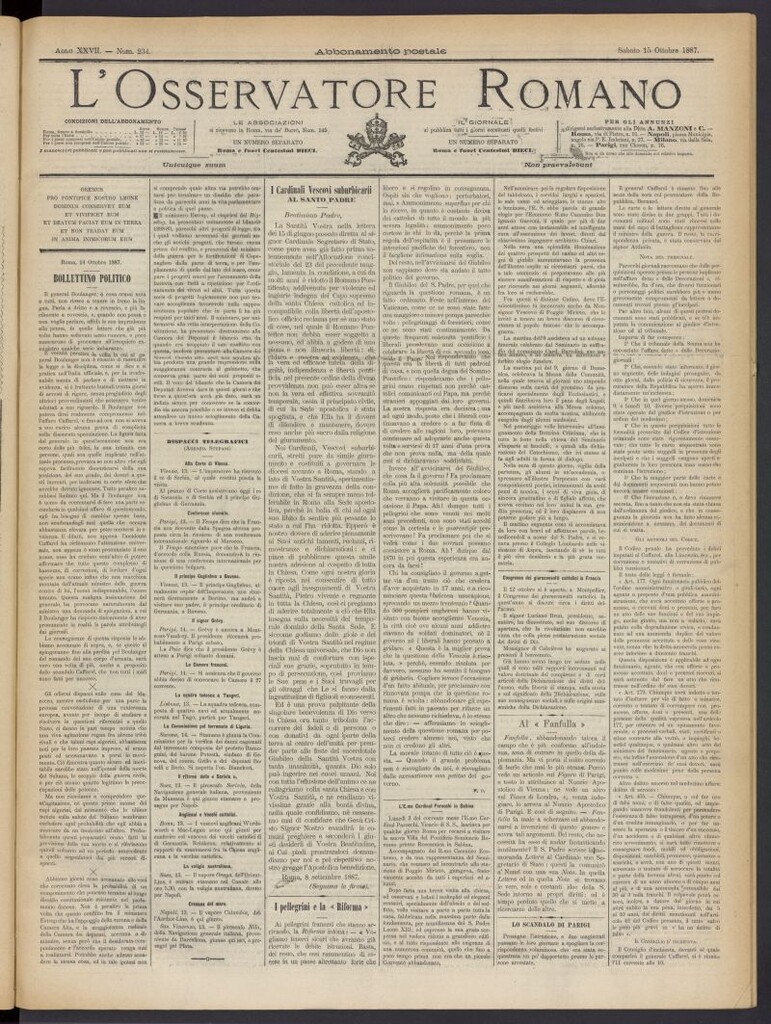 Miniatura de L´Osservattore Romano del 15 de octubre de 1887, nº 234