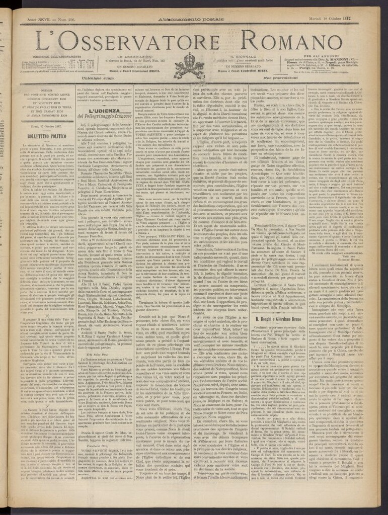 Miniatura de L´Osservattore Romano del 18 de octubre de 1887, nº 236