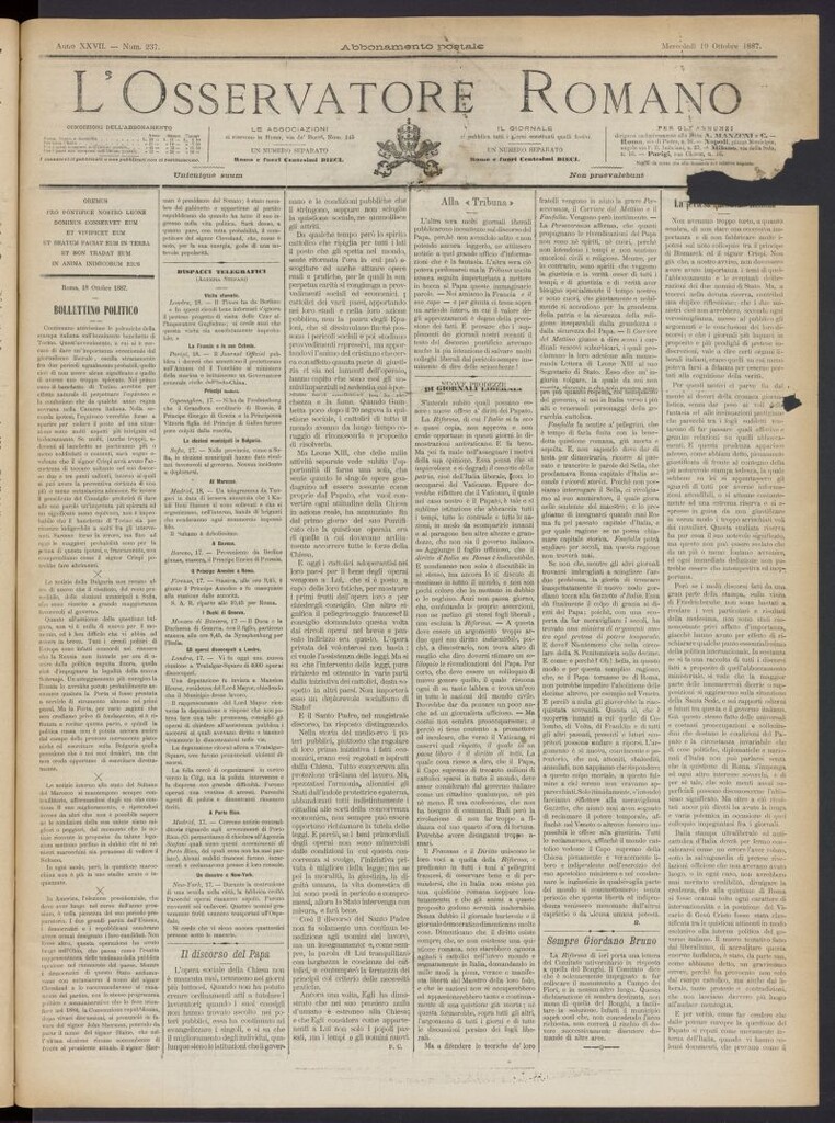 Miniatura de L´Osservattore Romano del 19 de octubre de 1887, nº 237