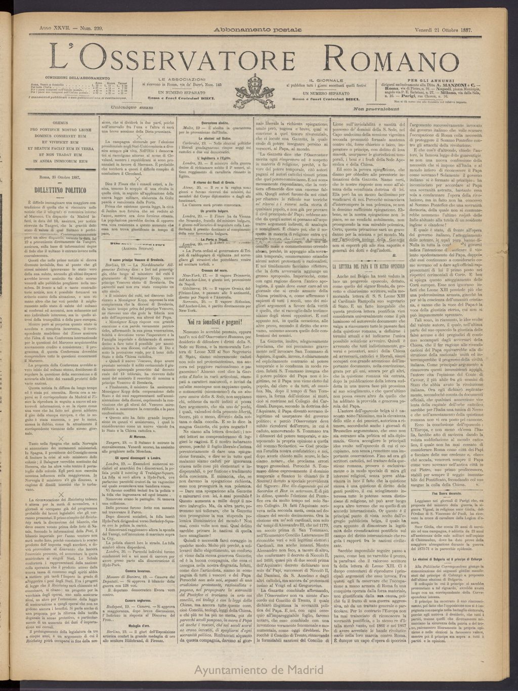 Miniatura de L´Osservattore Romano del 21 de octubre de 1887, nº 239