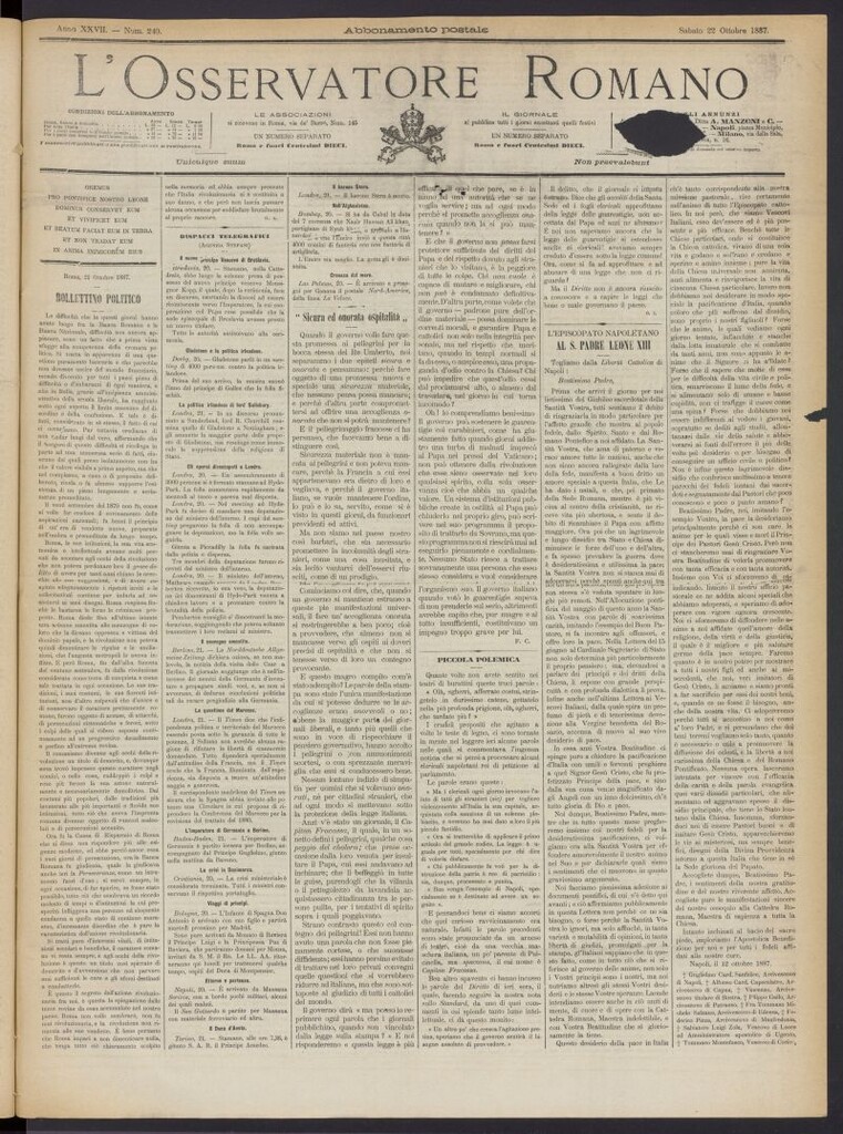 Miniatura de L´Osservattore Romano del 22 de octubre de 1887, nº 240