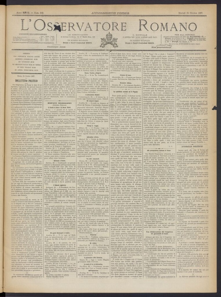 Miniatura de L´Osservattore Romano del 25 de octubre de 1887, nº 242