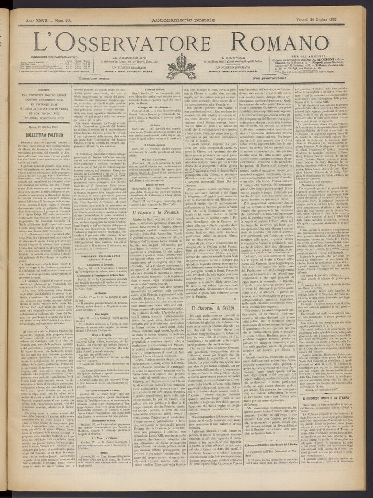 Miniatura de L´Osservattore Romano del 28 de octubre de 1887, nº 245