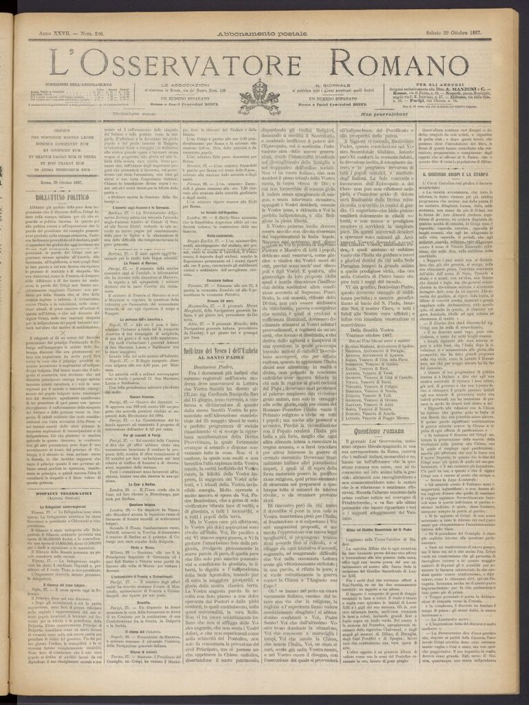 Miniatura de L´Osservattore Romano del 29 de octubre de 1887, nº 246