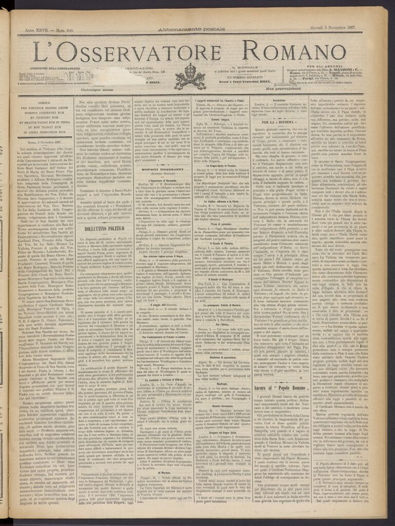 Miniatura de L´Osservattore Romano del 3 de noviembre de 1887, nº 249