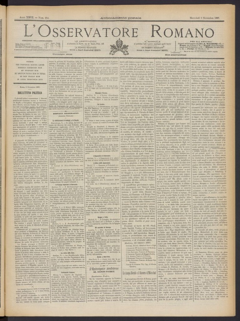 Miniatura de L´Osservattore Romano del 9 de noviembre de 1887, nº 254