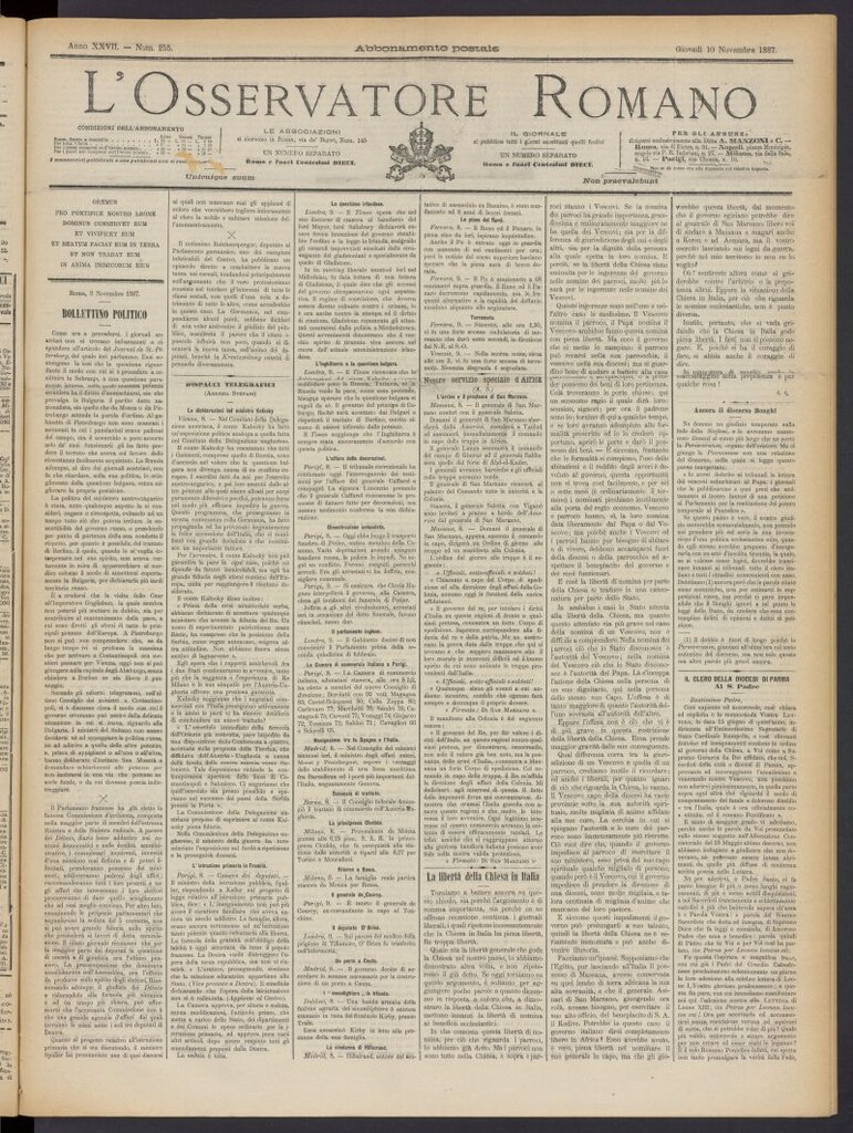 Miniatura de L´Osservattore Romano del 10 de noviembre de 1887, nº 255