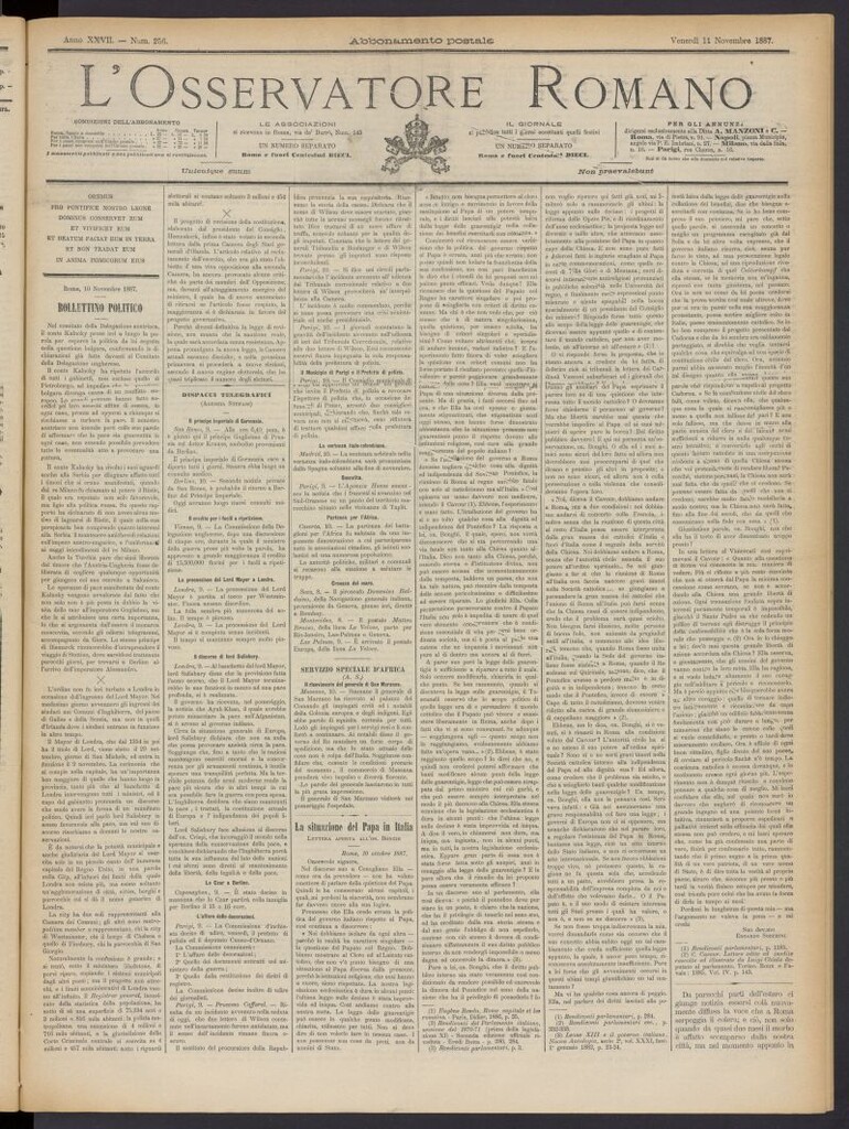 Miniatura de L´Osservattore Romano del 11 de noviembre de 1887, nº 256