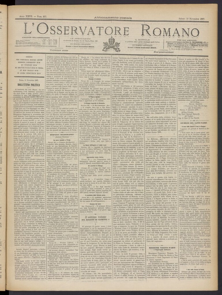 Miniatura de L´Osservattore Romano del 12 de noviembre de 1887, nº 257