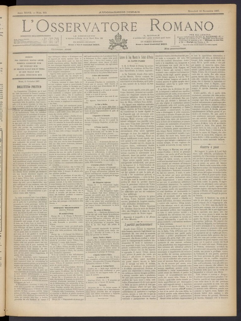 Miniatura de L´Osservattore Romano del 16 de noviembre de 1887, nº 260