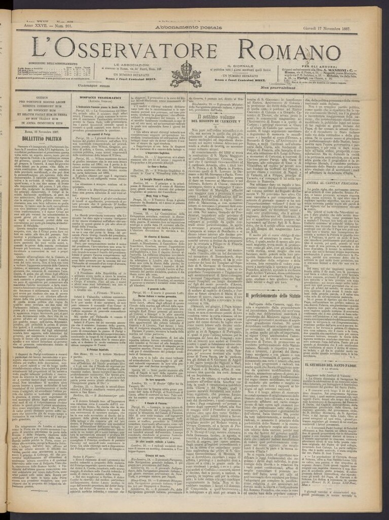 Miniatura de L´Osservattore Romano del 17 de noviembre de 1887, nº 261