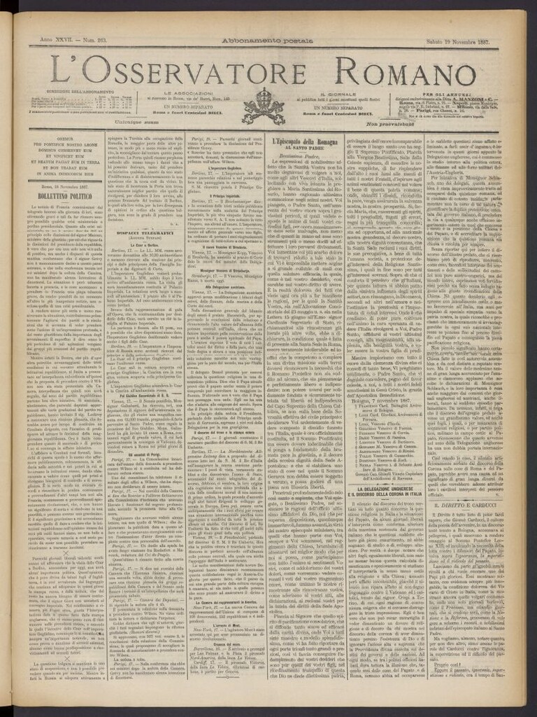 Miniatura de L´Osservattore Romano del 19 de noviembre de 1887, nº 263