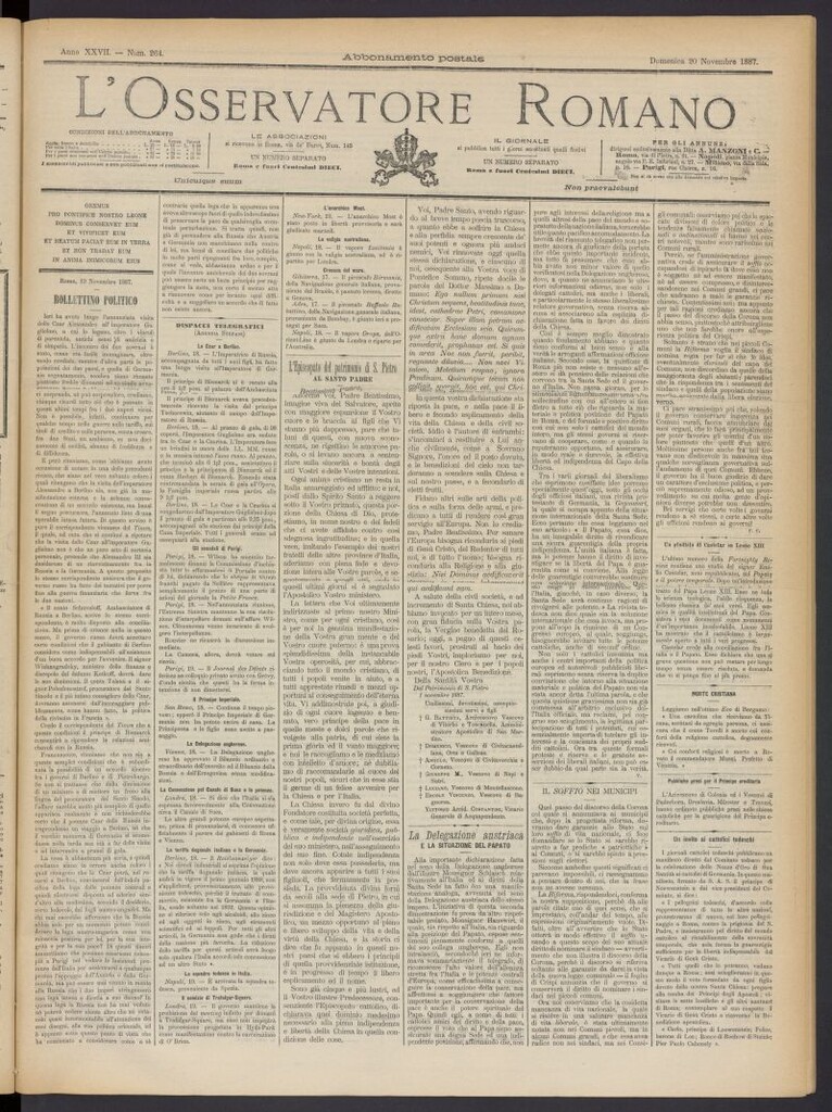 Miniatura de L´Osservattore Romano del 20 de noviembre de 1887, nº 264
