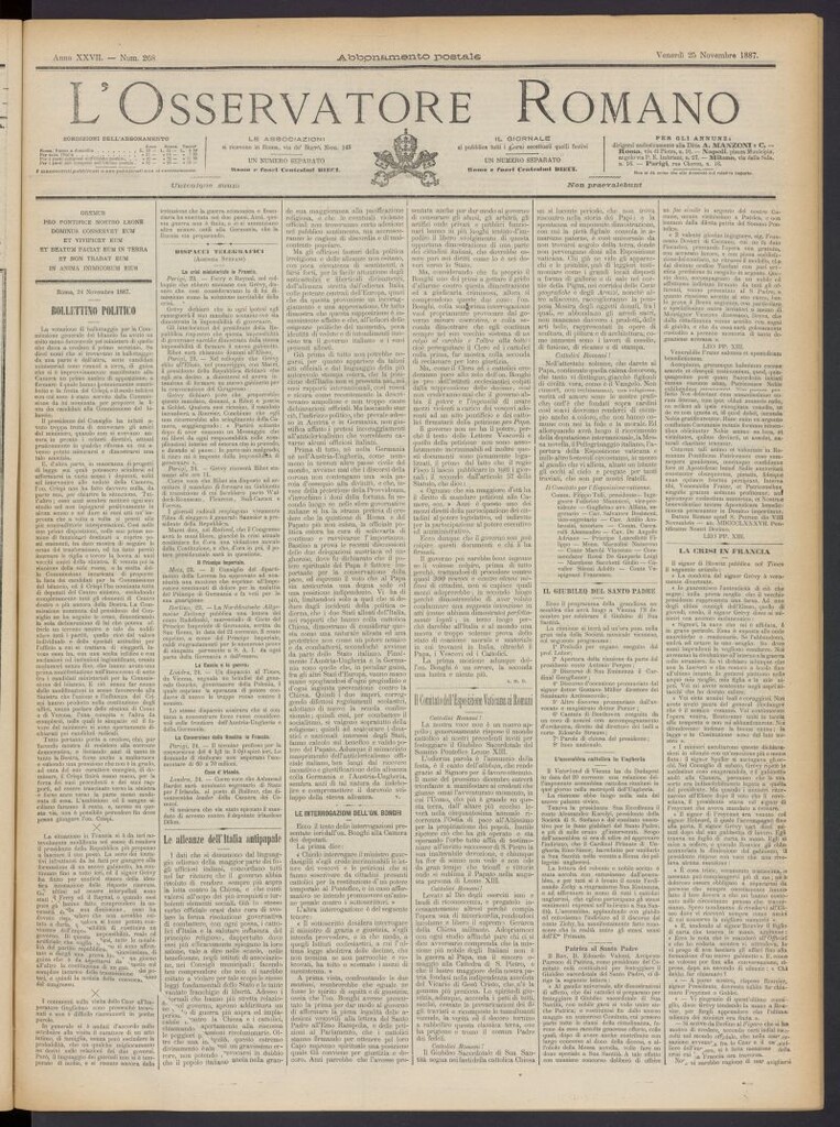 Miniatura de L´Osservattore Romano del 25 de noviembre de 1887, nº 268