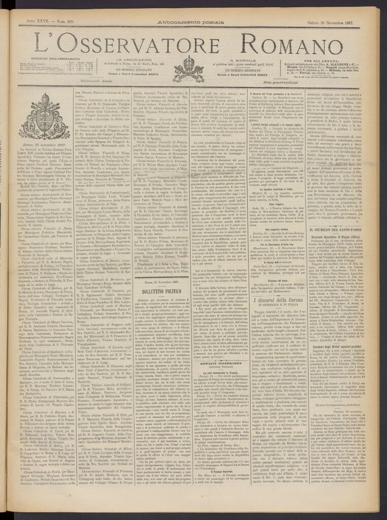 Miniatura de L´Osservattore Romano del 26 de noviembre de 1887, nº 269