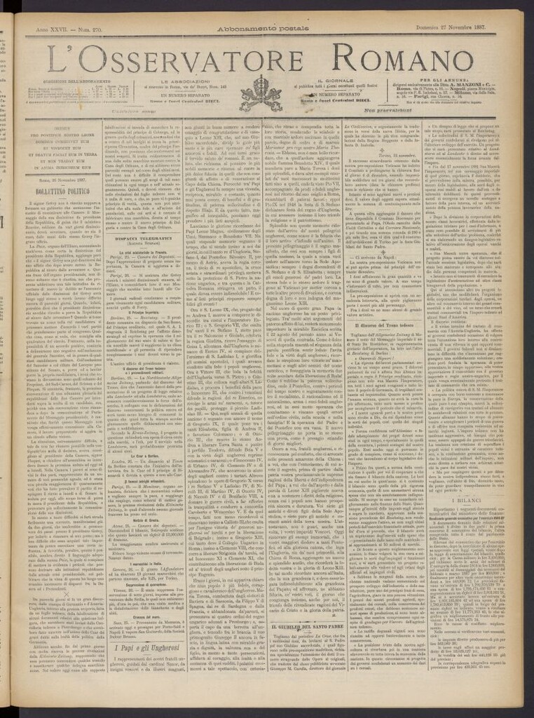 Miniatura de L´Osservattore Romano del 27 de noviembre de 1887, nº 270