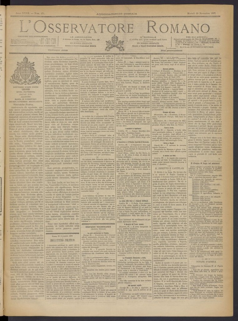 Miniatura de L´Osservattore Romano del 29 de noviembre de 1887, nº 271