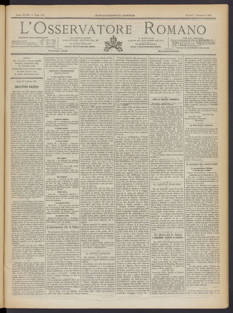 Miniatura de L´Osservattore Romano del 1 de diciembre de 1887, nº 273
