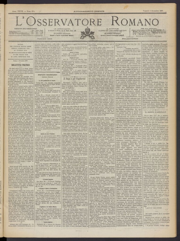 Miniatura de L´Osservattore Romano del 2 de diciembre de 1887, nº 274