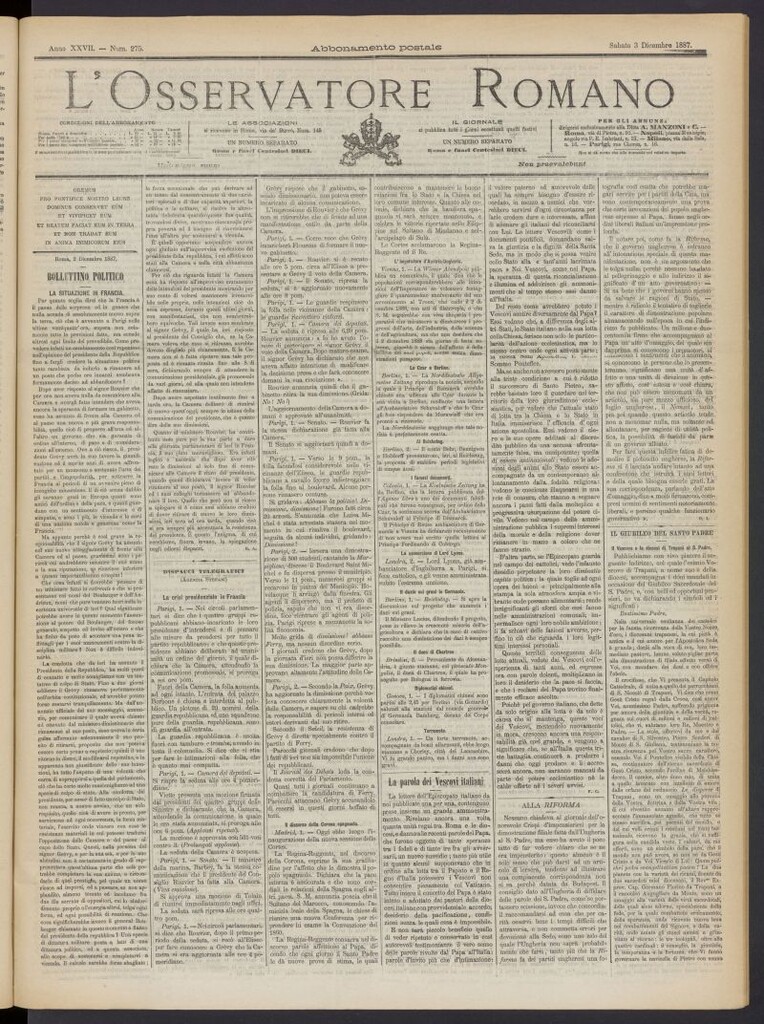 Miniatura de L´Osservattore Romano del 3 de diciembre de 1887, nº 275