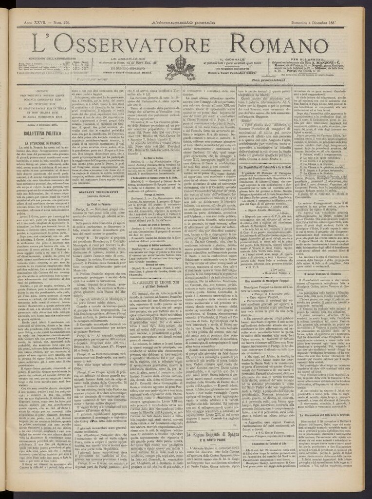 Miniatura de L´Osservattore Romano del 4 de diciembre de 1887, nº 276