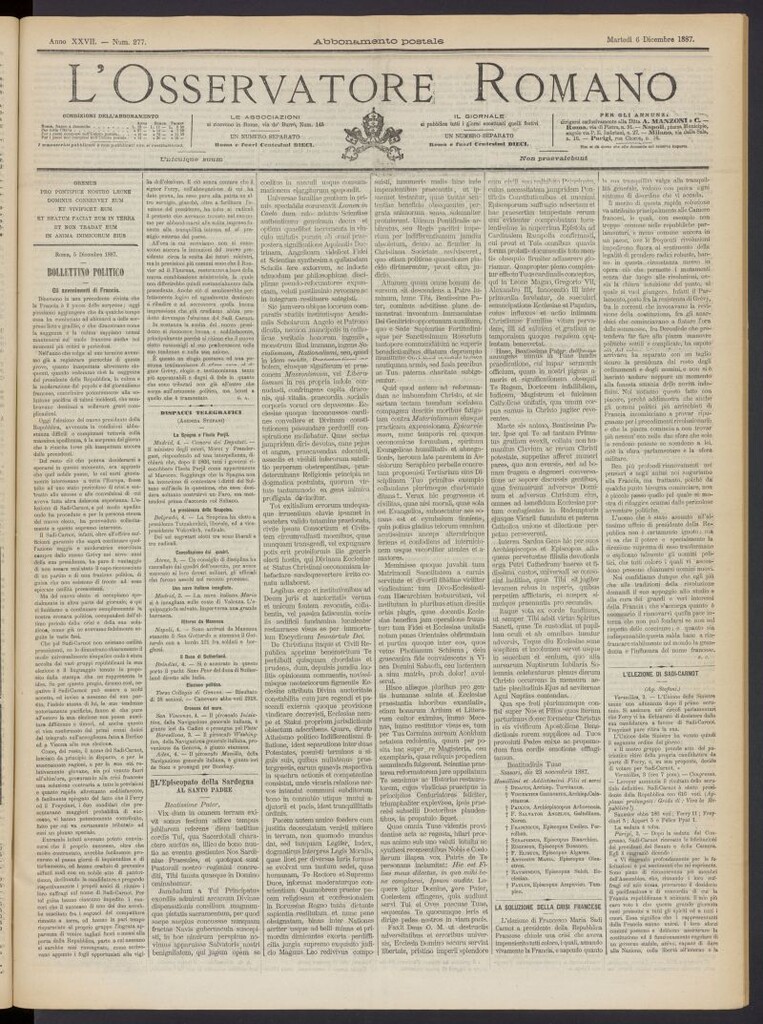 Miniatura de L´Osservattore Romano del 6 de diciembre de 1887, nº 277