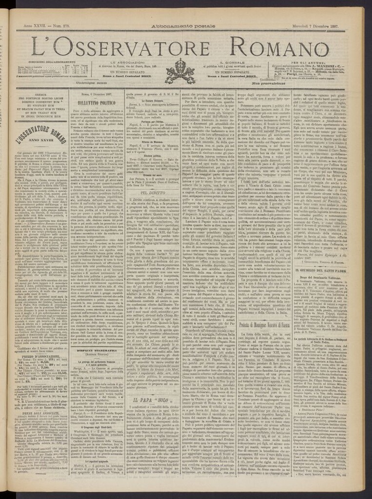 Miniatura de L´Osservattore Romano del 7 de diciembre de 1887, nº 278