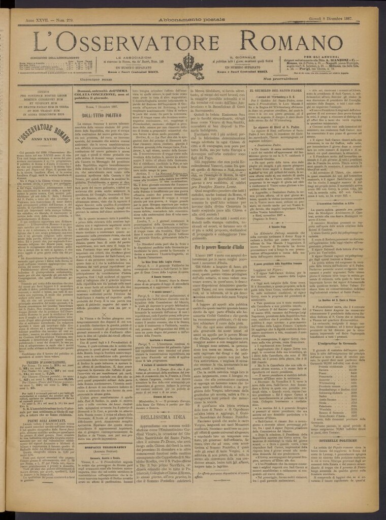 Miniatura de L´Osservattore Romano del 8 de diciembre de 1887, nº 279